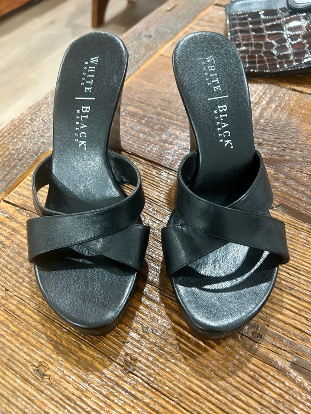 White House Black Market Black Leather Crisscross Slide Mules